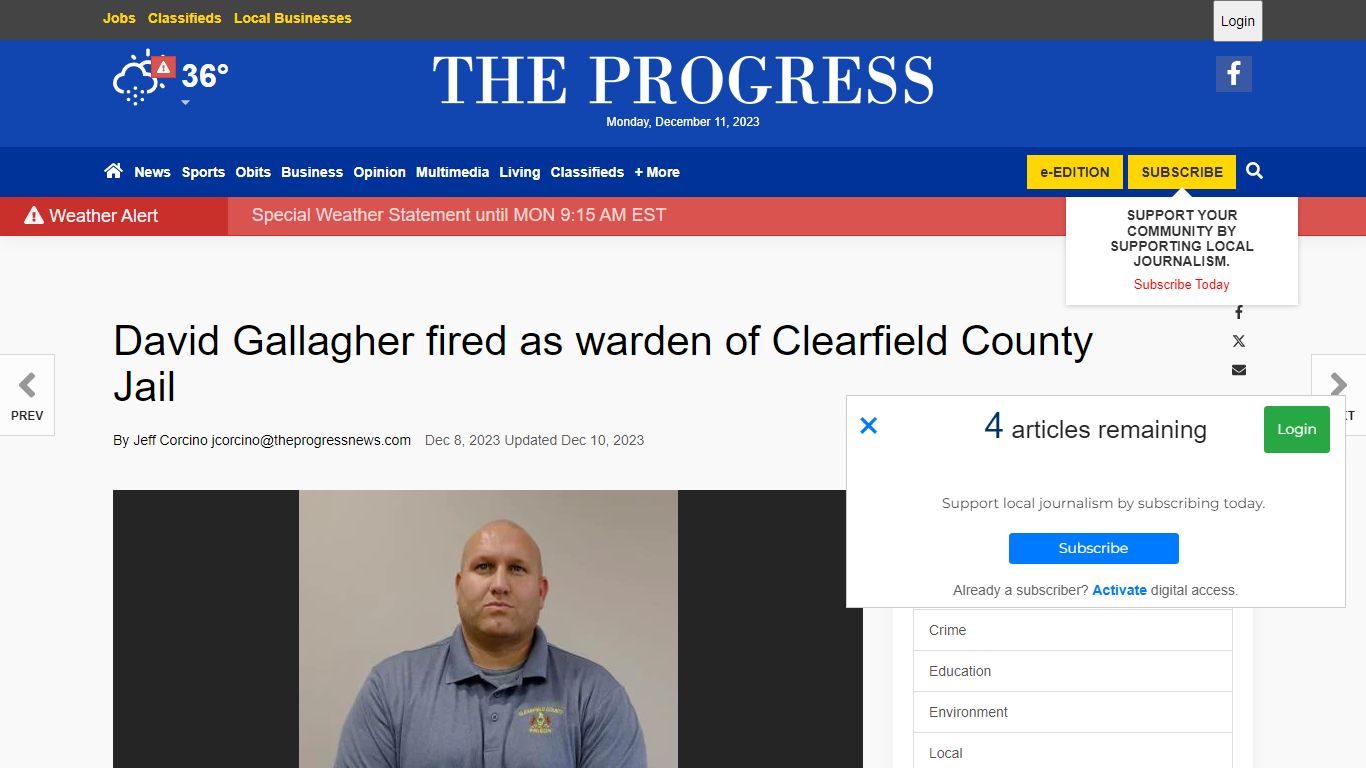 David Gallagher fired as warden of Clearfield County Jail
